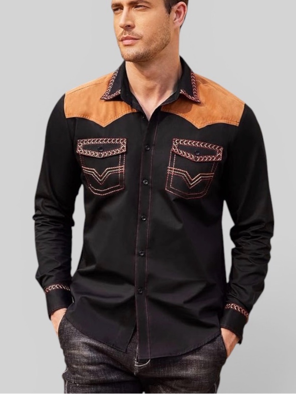 NWT Coofandy Western Button Down Shirt Rockabilly Retro Embroidered Black 3X